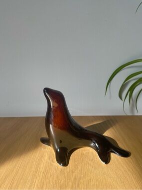 Vintage Pottery Seal Figurine Toffee Brown Glaze